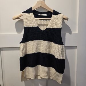 Zara Womens Knit Sweater Vest Striped Black White Casual Academia Preppy Size L